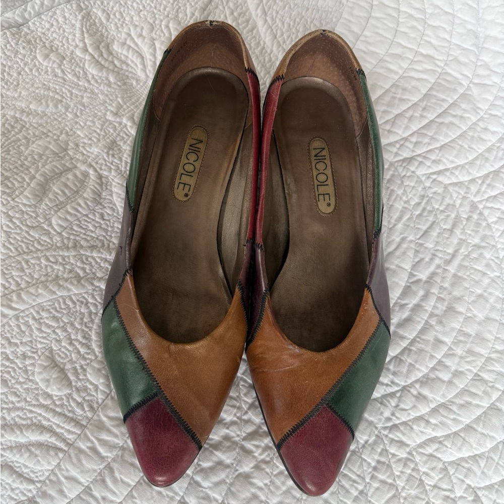 Nicole Multicolor Green Brown Burgundy Patchwork Pointed Flats